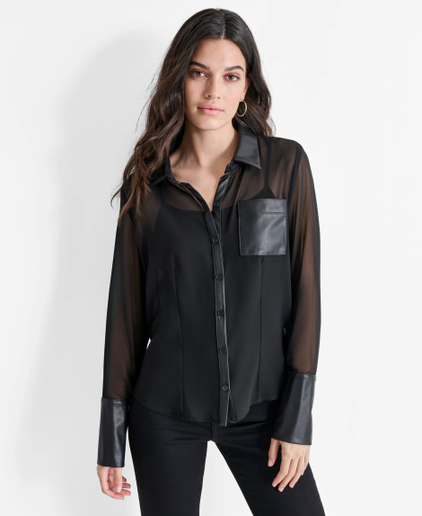Женская прозрачная блузка DKNY со вставками из экокожи 1159846024 (Черный L)