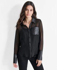 Женская прозрачная блузка DKNY со вставками из экокожи 1159846024 (Черный L)