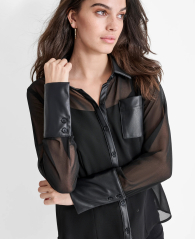Женская прозрачная блузка DKNY со вставками из экокожи 1159846024 (Черный L)