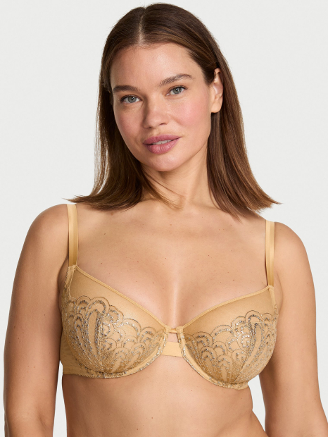 Сетчатый бюстгальтер Victoria's Secret лиф с вышивкой 1159861366 (Бежевый 34D)