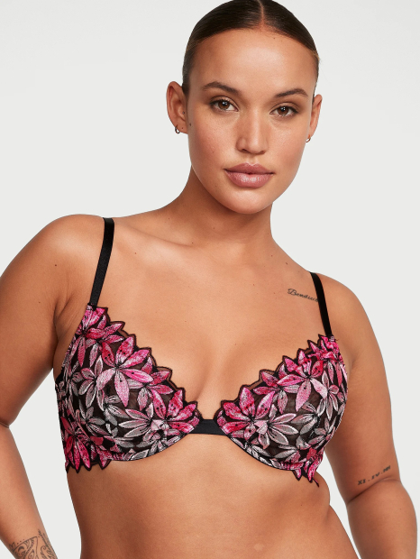 Бюстгальтер жіночий Victoria's Secret з квітковою вишивкою 1160364825 (Чорний/Рожевий 34D)