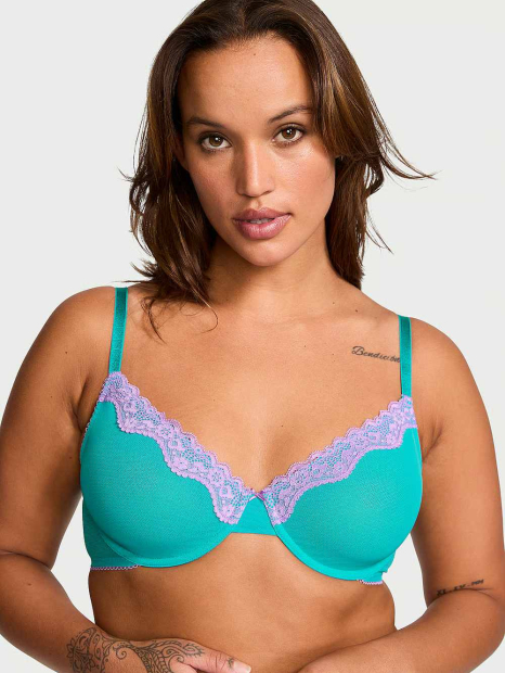 Сетчатый бюстгальтер с кружевной отделкой Victoria's Secret 1160517790 (Бирюзовый 32B)