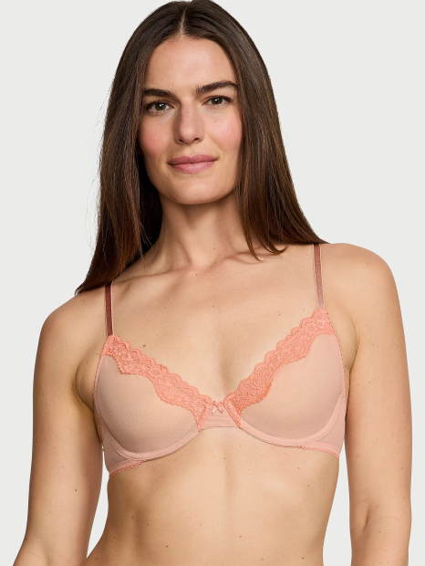 Сетчатый бюстгальтер с кружевной отделкой Victoria's Secret 1160521980 (Бежевый 32B)
