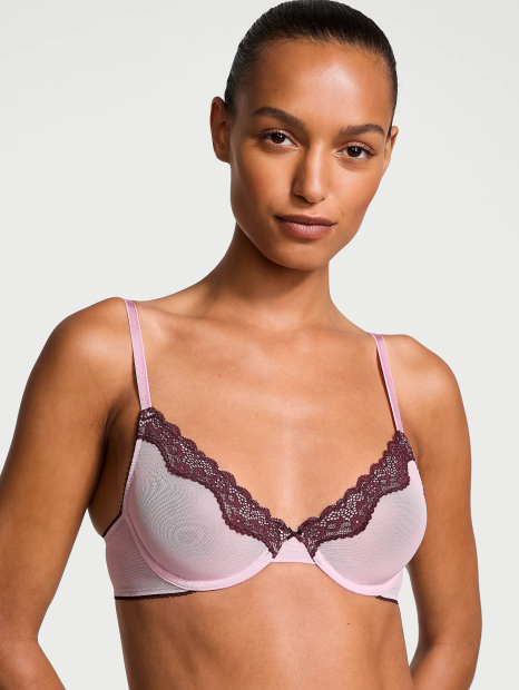Сетчатый бюстгальтер с кружевной отделкой Victoria's Secret 1160547274 (Розовый 32C)