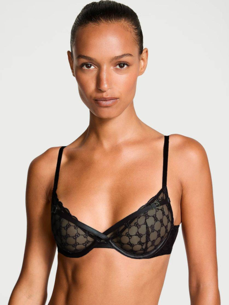 Сетчатый бюстгальтер Victoria's Secret с отделкой из экокожи 1162022366 (Черный 32C)