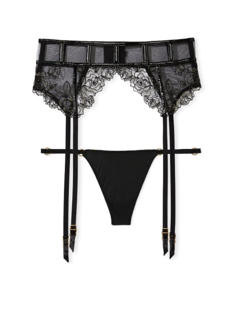 Комплект Victoria's Secret пояс для чулок с вышивкой и трусики стринги 1159855981 (Черный M)