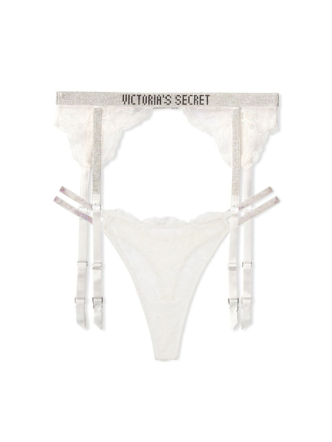 Мереживний комплект зі стразами Victoria's Secret пояс для панчохи та трусики тонг 1159856386 (Молочний M)