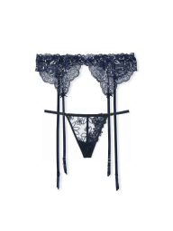 Мереживний комплект Victoria's Secret пояс для панчохи та трусики стрінги 1159855079 (Синій M)