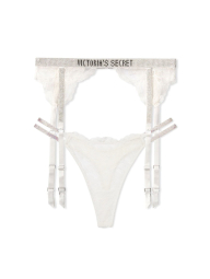 Кружевной комплект со стразами Victoria's Secret пояс для чулок и трусики тонг 1159856386 (Молочный M)