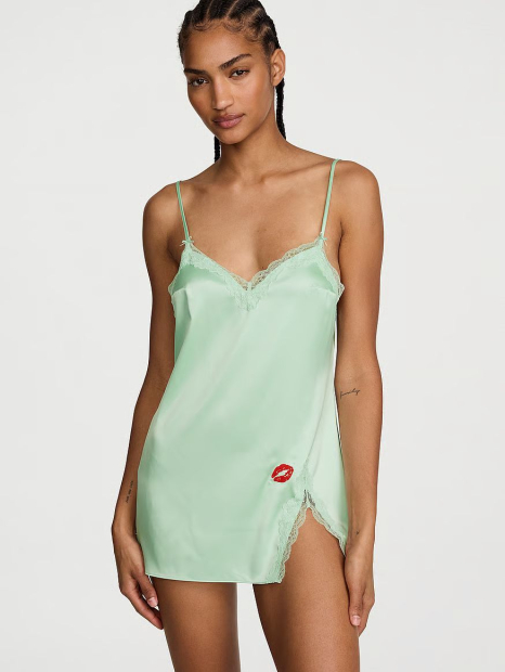 Атласная мини-комбинация Victoria's Secret с кружевной отделкой 1160157503 (Зеленый S)