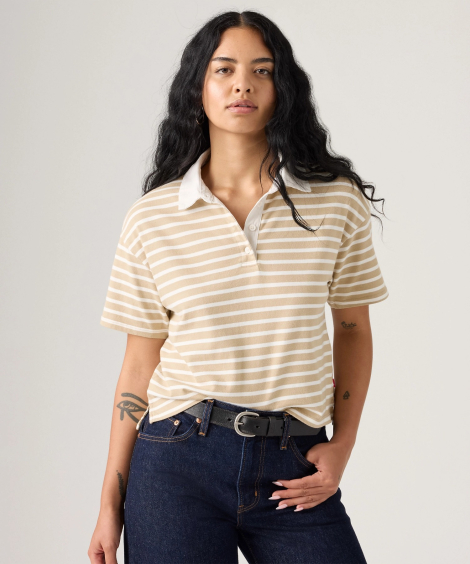 Жіноча футболка-поло Levi's в смужку 1159851872 (Білий/Бежевий S)