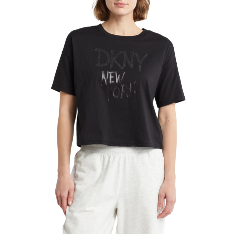 Жіноча укорочена футболка DKNY з принтом та стразами 1159845468 (Чорний XL)
