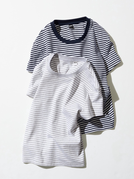 Эластичная футболка UNIQLO в полоску 1159849036 (Белый/Серый S)