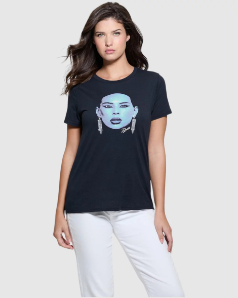 Женская футболка GUESS с принтом и стразами 1159850155 (Синий M)