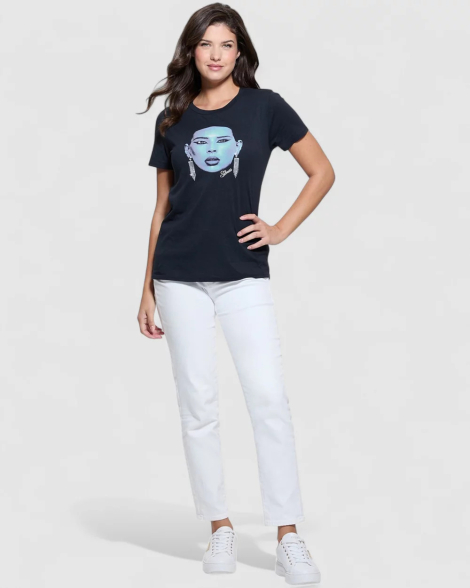 Женская футболка GUESS с принтом и стразами 1159850155 (Синий M)