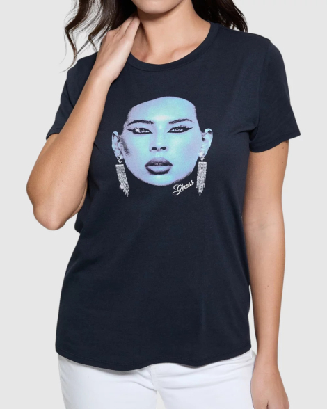 Женская футболка GUESS с принтом и стразами 1159850155 (Синий M)