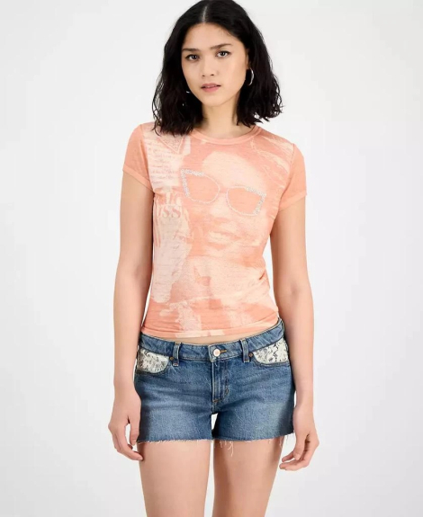 Женская футболка GUESS с принтом и стразами 1159852654 (Оранжевый XL)