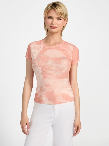 Женская футболка GUESS с принтом и стразами 1159852654 (Оранжевый XL)