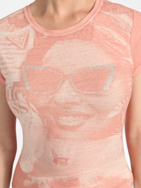 Женская футболка GUESS с принтом и стразами 1159852654 (Оранжевый XL)
