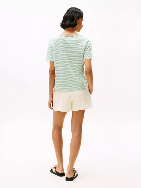 Женская футболка из смеси льна и хлопка Tommy Hilfiger в полоску 1159856055 (Белый/Зеленый XS)