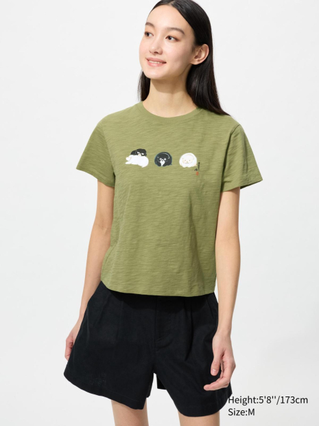 Женская укороченная футболка UNIQLO с принтом Wagara Animals 1159856595 (Зеленый XS)