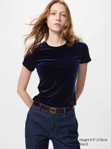Велюрова укорочена футболка UNIQLO 1159857887 (Синій XS)