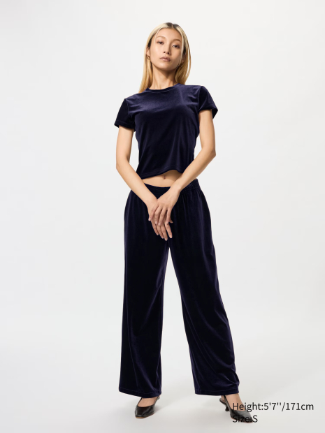 Велюрова укорочена футболка UNIQLO 1159857887 (Синій XS)