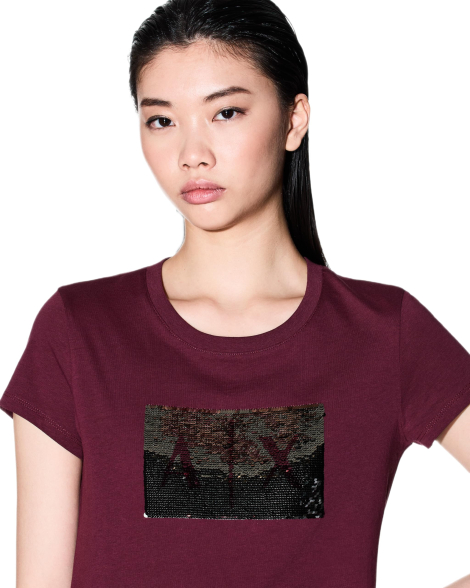 Женская футболка Armani Exchange с логотипом из пайеток 1159861212 (Бордовый XXL)
