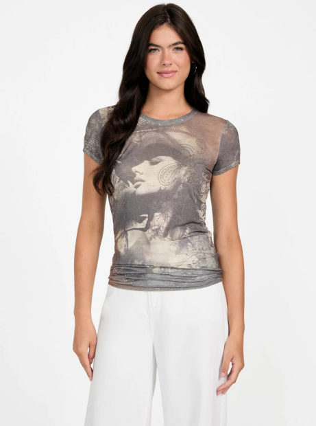 Женская футболка GUESS с принтом и стразами 1159862913 (Коричневый L)