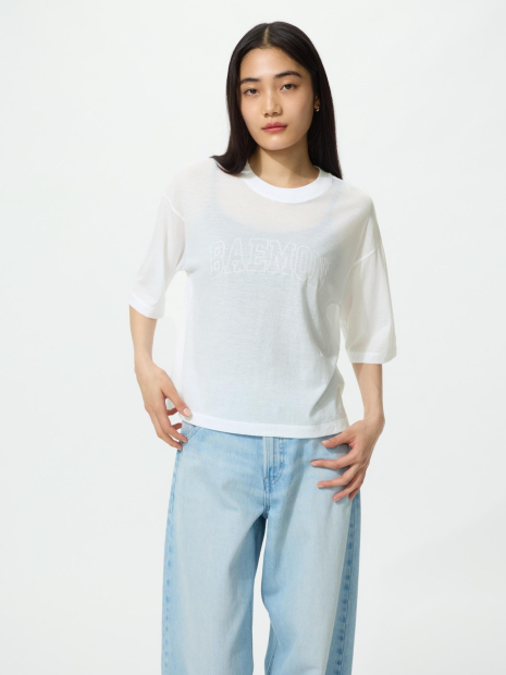 Укороченная лёгкая футболка UNIQLO с принтом 1159878593 (Белый XS)