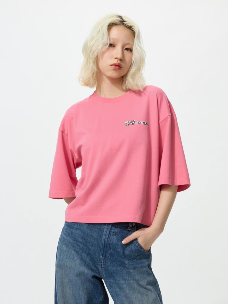 Укорочена футболка UNIQLO з принтом 1160115452 (рожевий M)