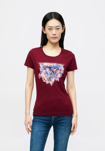 Женская легкая футболка GUESS с принтом и стразами 1160893989 (Бордовый M)