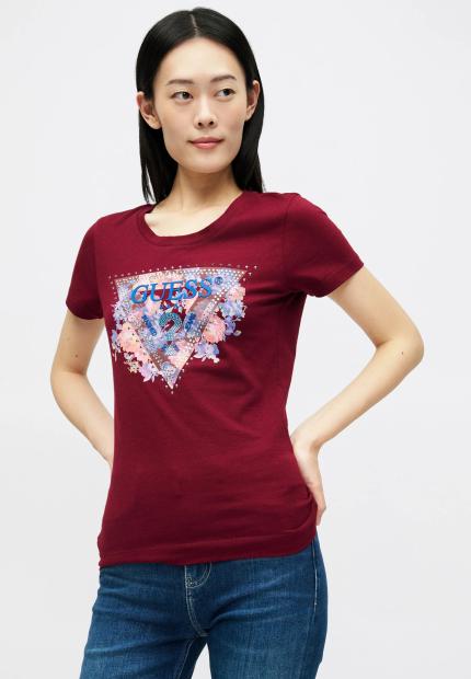 Женская легкая футболка GUESS с принтом и стразами 1160893989 (Бордовый M)