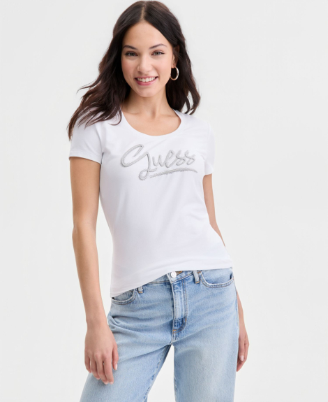 Женская футболка GUESS с логотипом из страз 1162519103 (Белый M)