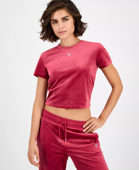 Женская велюровая футболка GUESS со стразами 1162659530 (Розовый M)