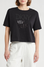 Женская укороченная футболка DKNY с принтом и стразами 1159845468 (Черный XL)