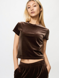 Велюровая укороченная футболка UNIQLO 1159855726 (Коричневый M)