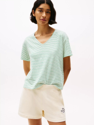 Женская футболка из смеси льна и хлопка Tommy Hilfiger в полоску 1159856055 (Белый/Зеленый XS)