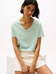 Женская футболка из смеси льна и хлопка Tommy Hilfiger в полоску 1159856055 (Белый/Зеленый XS)