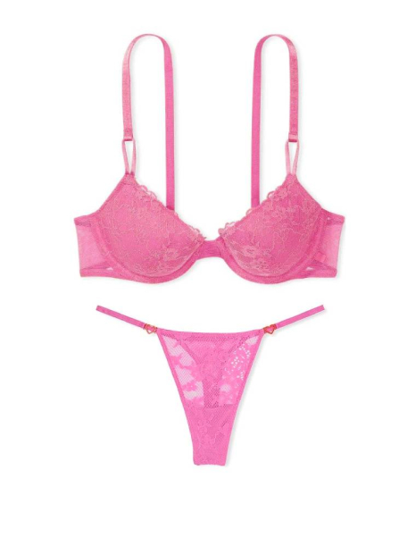 Женский комплект белья Victoria's Secret бюстгальтер и трусики тонг 1159838470 (Розовый 34C/M)