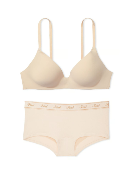 Комплект білизни Victoria's Secret Pink бюст Push-Up та трусики шортики 1159838557 (Бежевий 34C/M)