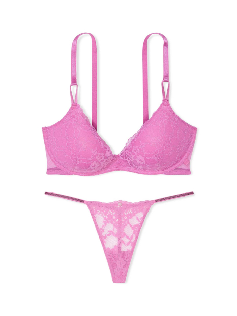 Кружевной комплект белья Victoria's Secret бюстгальтер Push-up и трусики стринги со стразами 1159838640 (Розовый 38B/L)