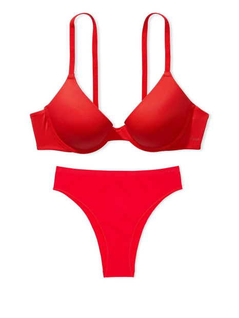 Женский комплект белья Victoria's Secret Pink лиф Push-Up и трусики бразильяны 1159838752 (Красный 38B/L)