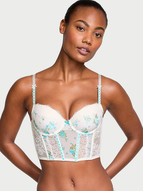 Шикарный кружевной комплект белья Victoria's Secret бюст-корсет и трусики тонг с вышивкой 1159839174 (Молочный XXL)