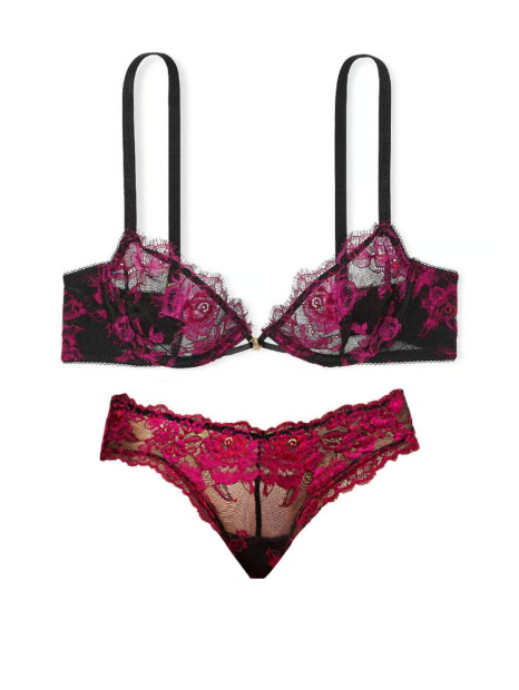 Шикарный кружевной комплект белья Victoria's Secret бюст и трусики чики 1159839190 (Черный/Розовый 32B/XS)