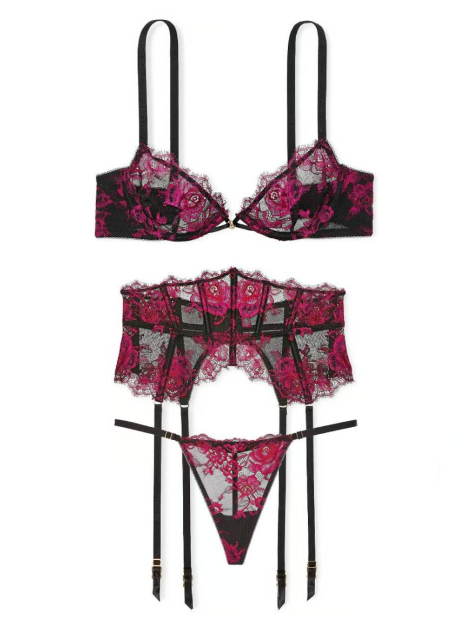 Кружевной комплект Victoria's Secret бюст, пояс для чулок и трусики стринги 1159839226 (Розовый 32C/XS)