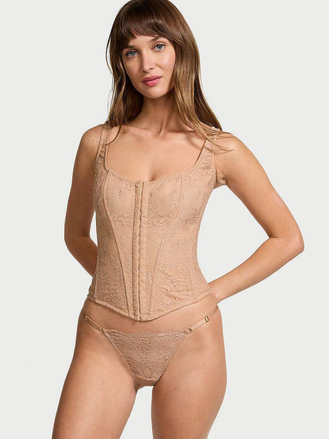 Кружевной комплект белья Victoria's Secret корсет и трусики стринги 1159839276 (Бежевый XL)