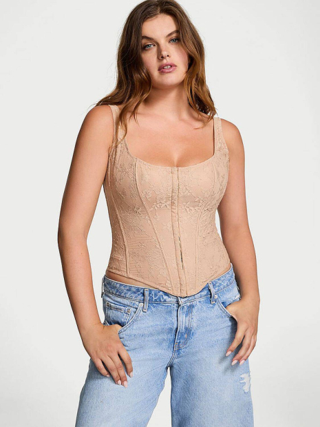 Кружевной комплект белья Victoria's Secret корсет и трусики стринги 1159839276 (Бежевый XL)