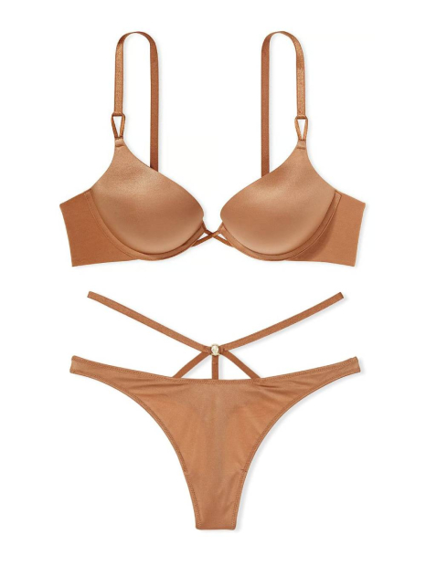 Гладкий комплект белья Victoria's Secret бюст Push-Up и трусики тонг 1159839249 (Коричневый 32B/XS)