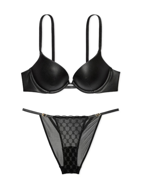 Шикарный комплект белья из экокожи Victoria's Secret бюст Push-up и трусики бикини 1159839335 (Черный 34A/XS)